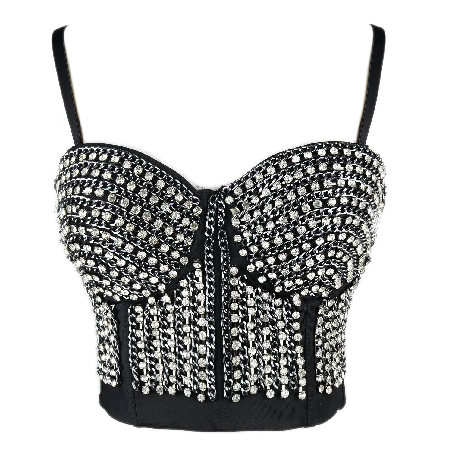 Women's Rhinestone Diamond Chain Bustier Crop Top Corset Top Bralet Silver