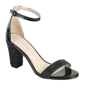 Women's Rhinestone Embellished Patent Leather Open Toe Sandal with Ankle Strap & Block Heel