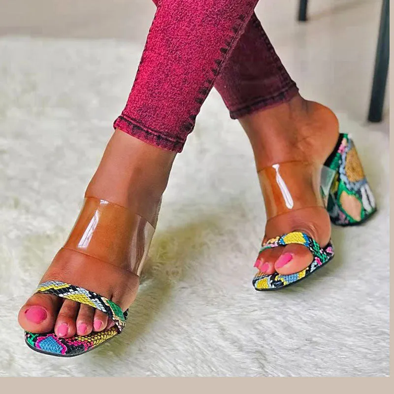 Women's Sandals and Slippers Open Toe Snake Pattern Color Generous with Thick Super High Heels Large Size