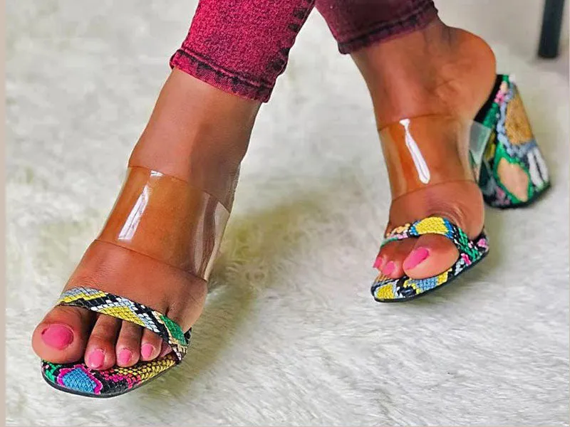 Women's Sandals and Slippers Open Toe Snake Pattern Color Generous with Thick Super High Heels Large Size