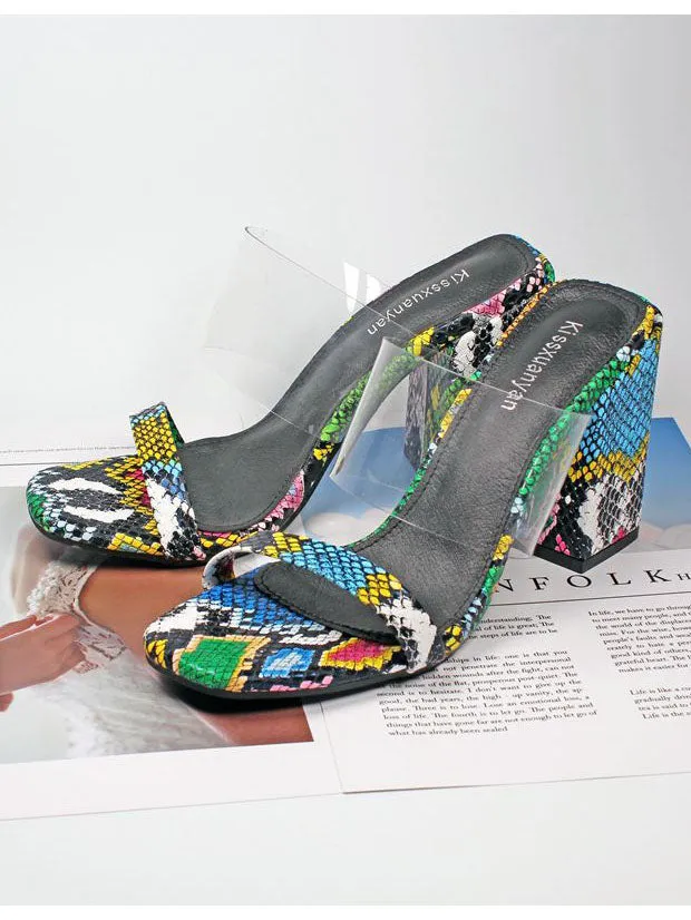 Women's Sandals and Slippers Open Toe Snake Pattern Color Generous with Thick Super High Heels Large Size