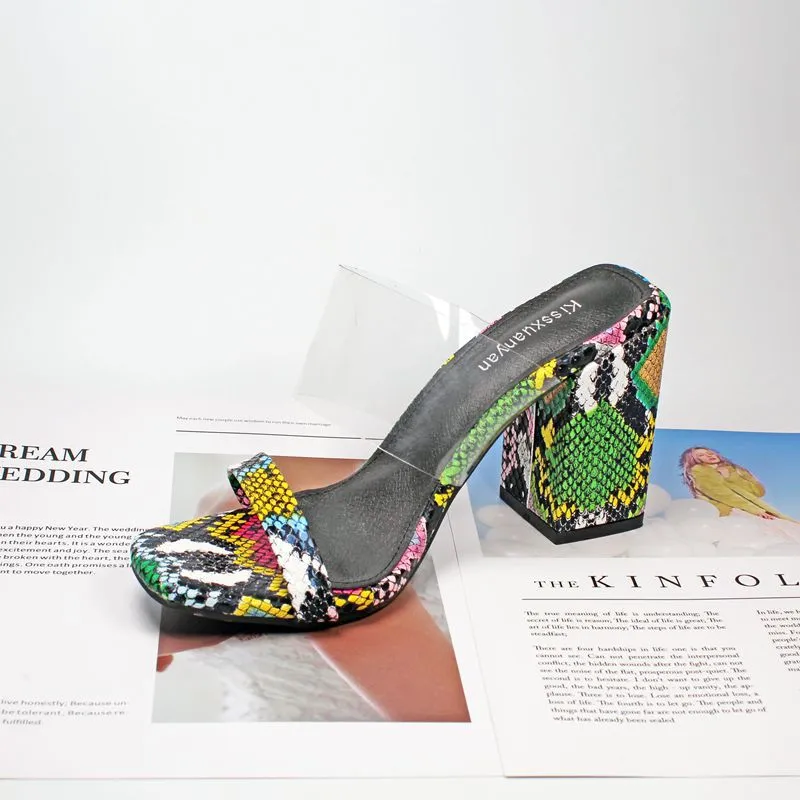 Women's Sandals and Slippers Open Toe Snake Pattern Color Generous with Thick Super High Heels Large Size