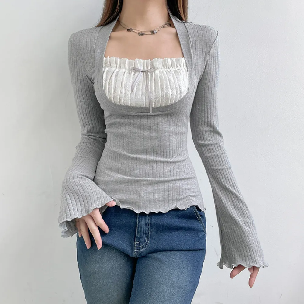Women's Square Neck Panel Long Sleeve
