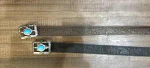 Women's Tooled Leather Belt with Rhinestone Buckle
