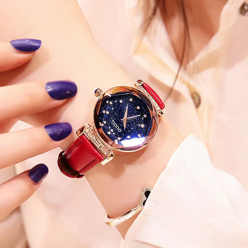 Women's Watch Full of Shining Stars Pattern large dial leather strap elegant watch