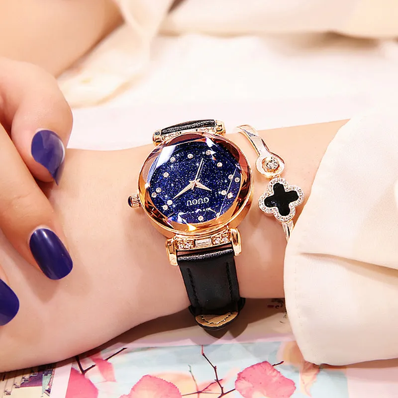 Women's Watch Full of Shining Stars Pattern large dial leather strap elegant watch