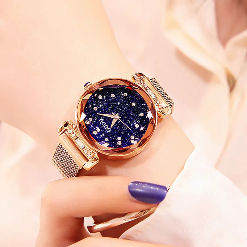 Women's Watch Full of Shining Stars Pattern large dial leather strap elegant watch