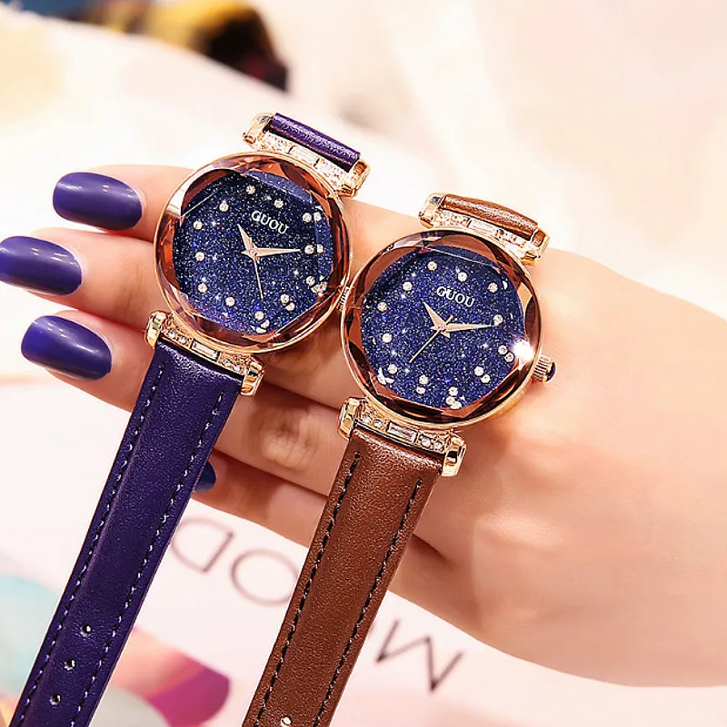 Women's Watch Full of Shining Stars Pattern large dial leather strap elegant watch