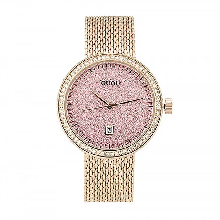 Women's Watch purple starry dial with calendar stainless steel strap elegant watch