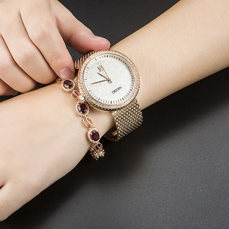 Women's Watch purple starry dial with calendar stainless steel strap elegant watch
