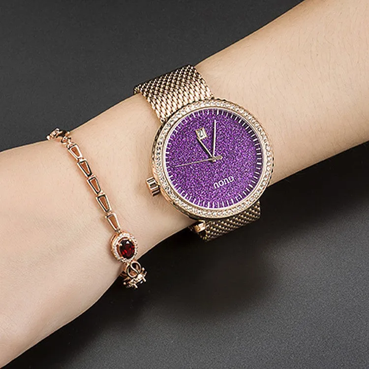 Women's Watch purple starry dial with calendar stainless steel strap elegant watch