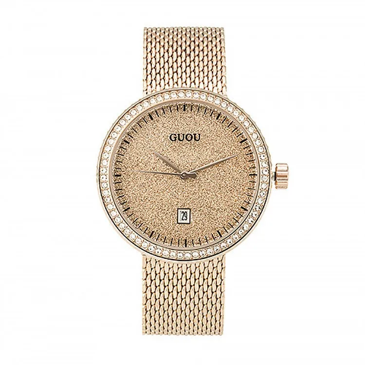 Women's Watch purple starry dial with calendar stainless steel strap elegant watch