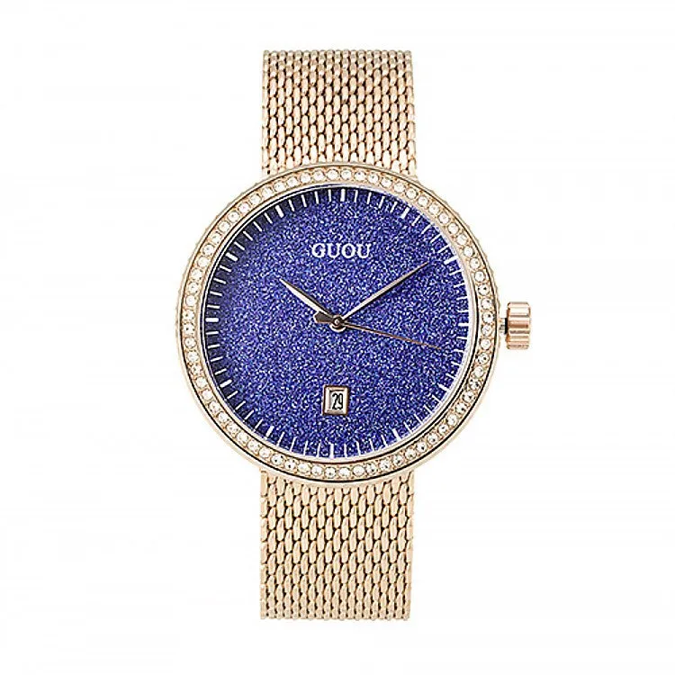 Women's Watch purple starry dial with calendar stainless steel strap elegant watch