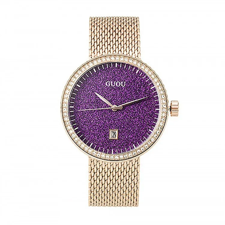 Women's Watch purple starry dial with calendar stainless steel strap elegant watch