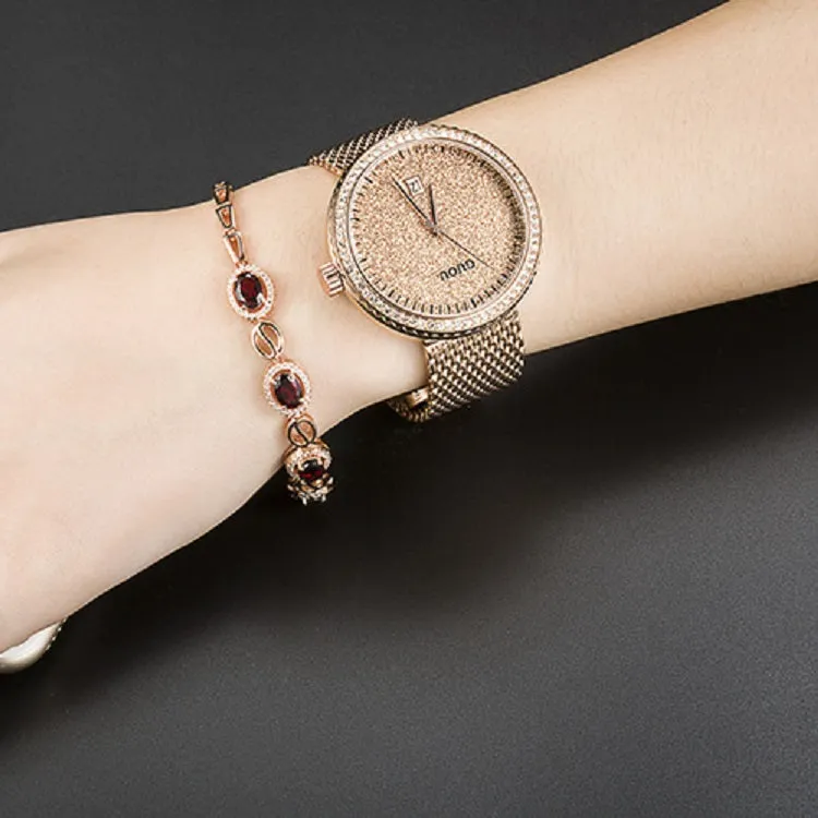 Women's Watch purple starry dial with calendar stainless steel strap elegant watch