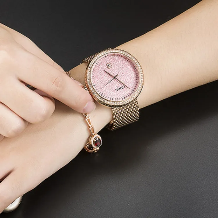 Women's Watch purple starry dial with calendar stainless steel strap elegant watch