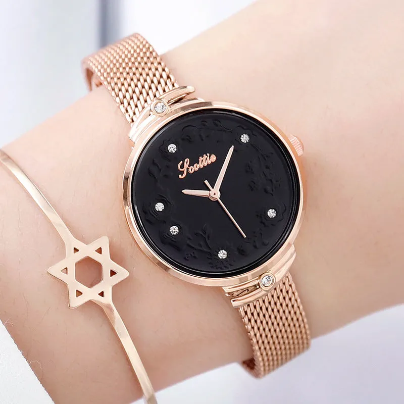 Women's Watch Rose gold printed Diamond-inlaid dial milan strap elegant watch