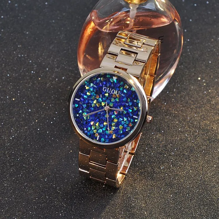 Women's Watch starry sky rhinestone rose gold starry embellishment dial stainless steel strap elegant watch