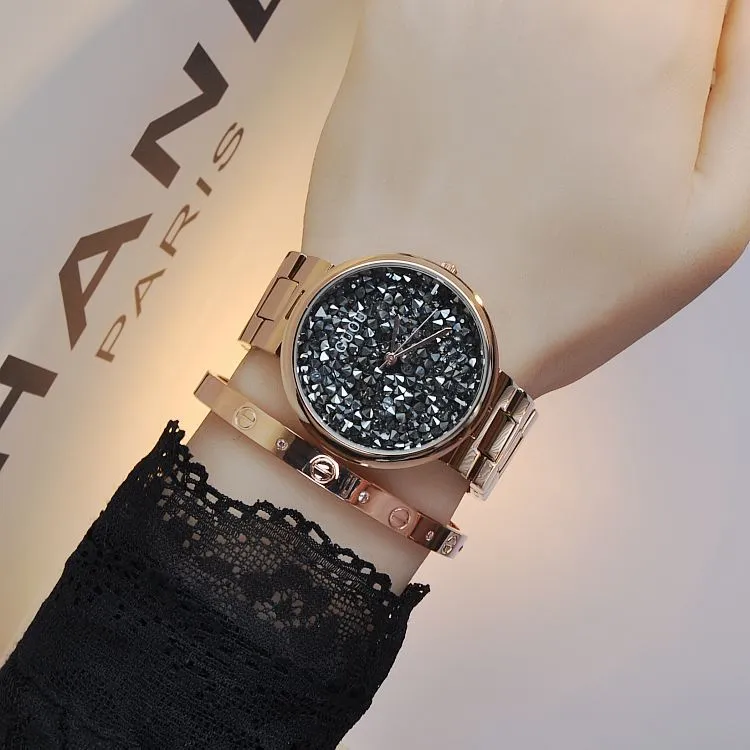 Women's Watch starry sky rhinestone rose gold starry embellishment dial stainless steel strap elegant watch