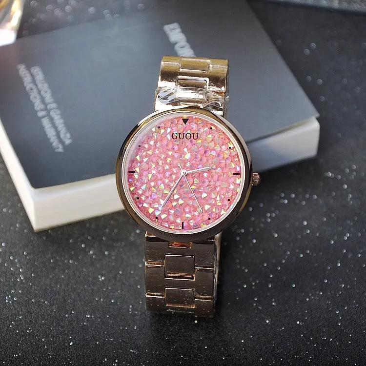 Women's Watch starry sky rhinestone rose gold starry embellishment dial stainless steel strap elegant watch