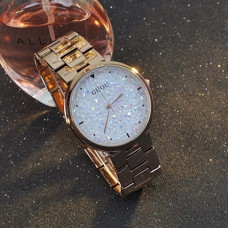 Women's Watch starry sky rhinestone rose gold starry embellishment dial stainless steel strap elegant watch