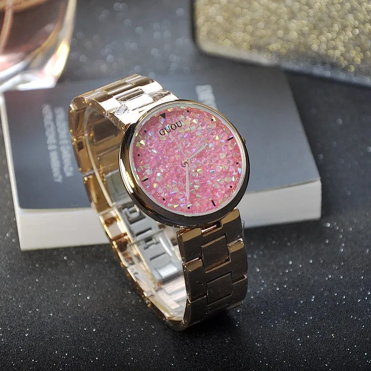 Women's Watch starry sky rhinestone rose gold starry embellishment dial stainless steel strap elegant watch