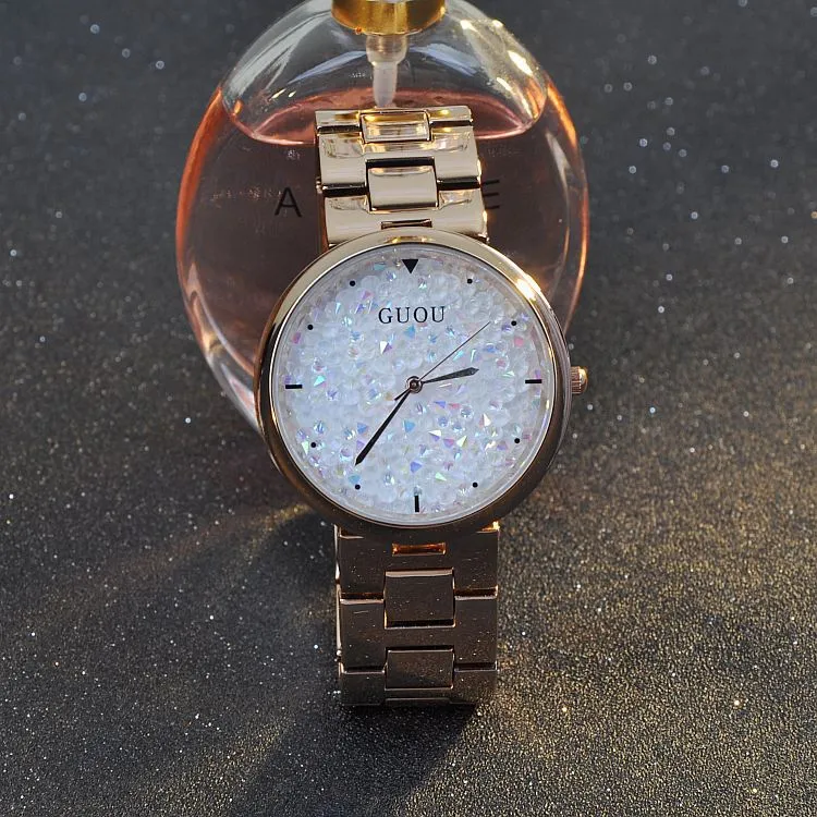 Women's Watch starry sky rhinestone rose gold starry embellishment dial stainless steel strap elegant watch
