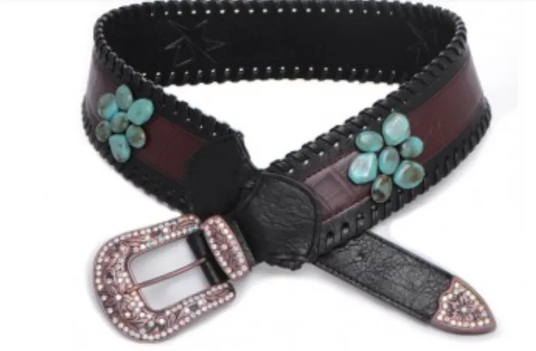 Women's Wide Leather Gator Print Belt with Turquoise Stone Flowers