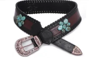 Women's Wide Leather Gator Print Belt with Turquoise Stone Flowers