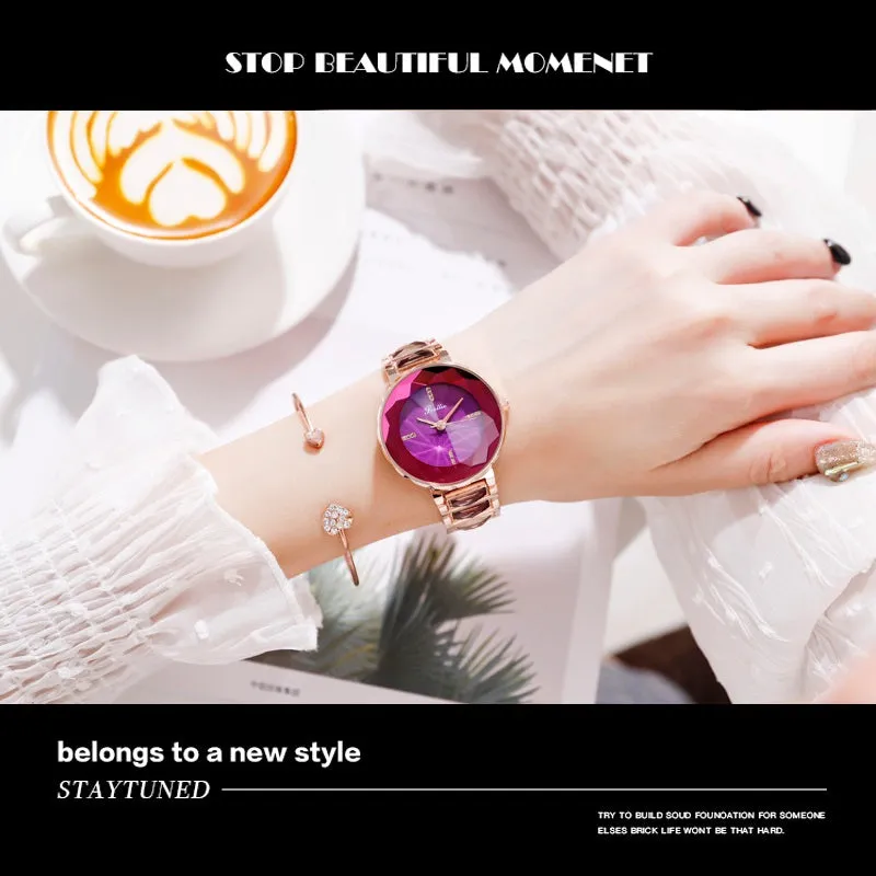 Women's Wristwatch Irregular Mirror purple large dial stainless steel strap elegant watch