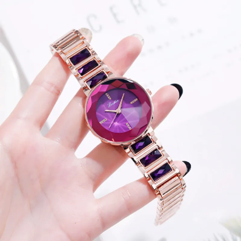 Women's Wristwatch Irregular Mirror purple large dial stainless steel strap elegant watch