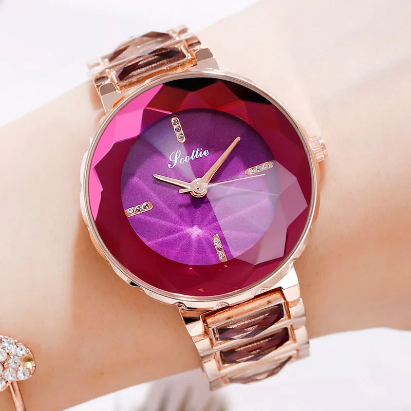 Women's Wristwatch Irregular Mirror purple large dial stainless steel strap elegant watch