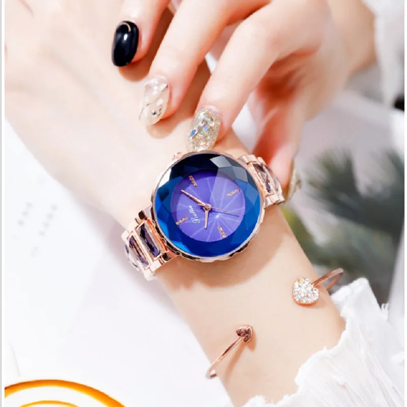 Women's Wristwatch Irregular Mirror purple large dial stainless steel strap elegant watch