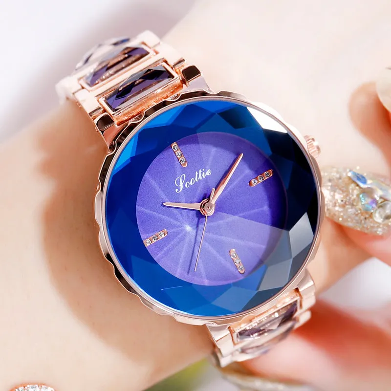 Women's Wristwatch Irregular Mirror purple large dial stainless steel strap elegant watch