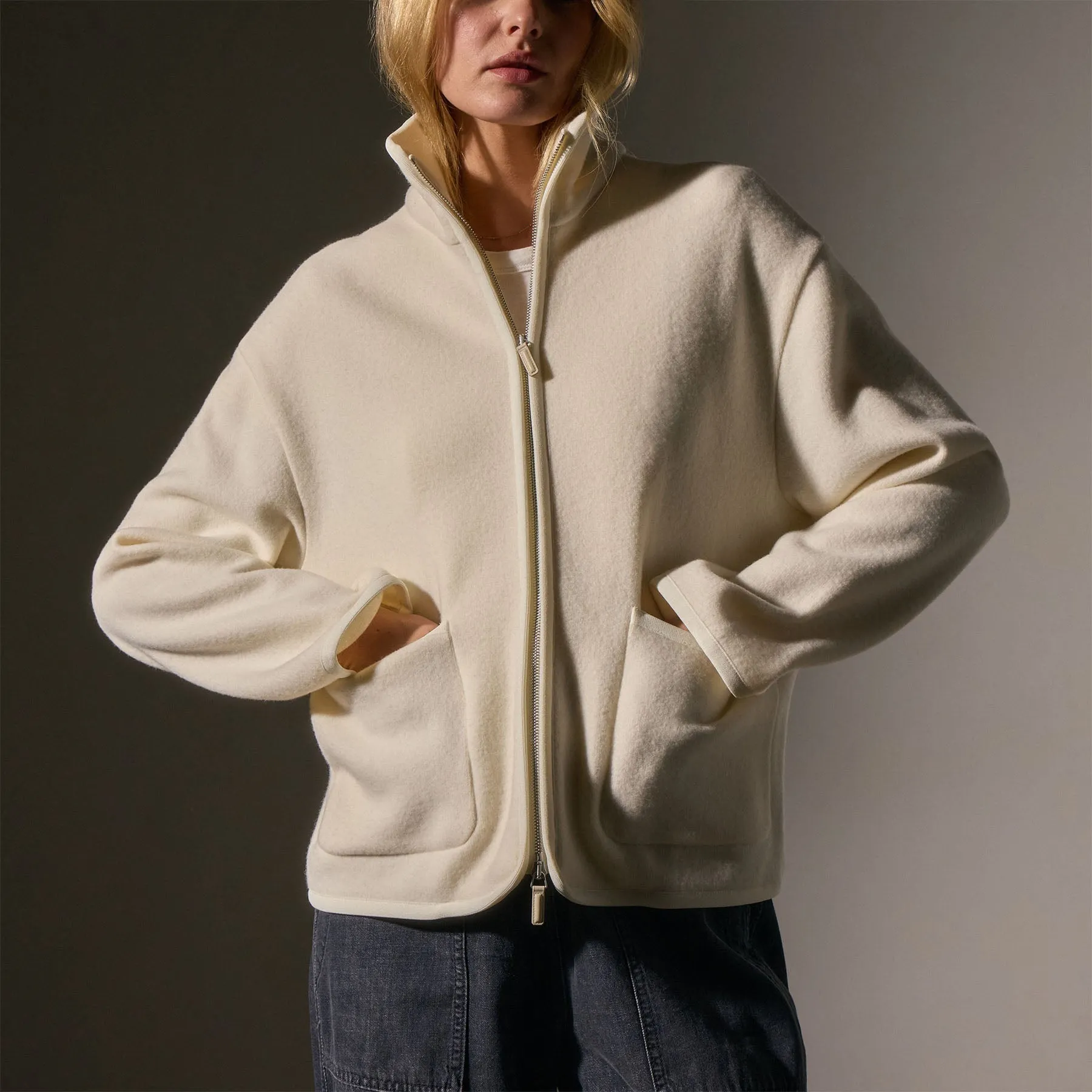 Wool Jersey Zip Up Jacket - Ivory