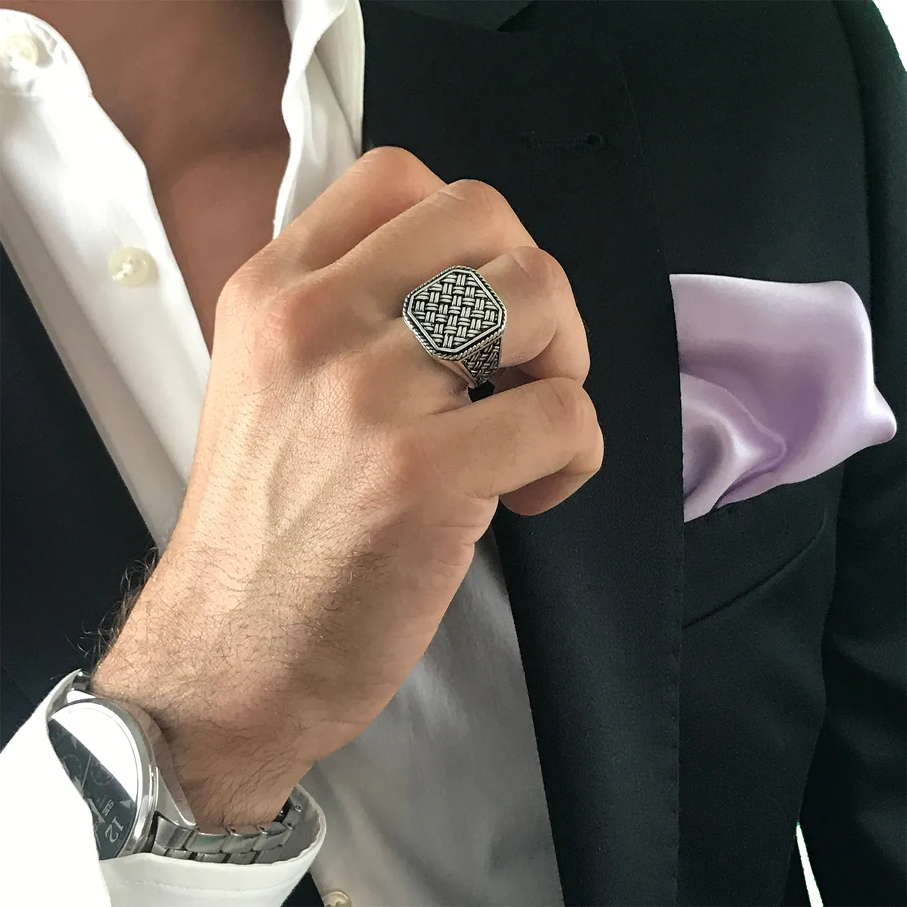Woven/Mesh Design Large Square Sterling Silver Ring