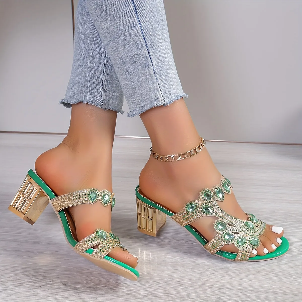 xieyinshe  Women's Flower Rhinestone Chunky Heeled Sandals, Glitter Sequins Open Toe Slip On Heels, Stylish Going Out Sandals