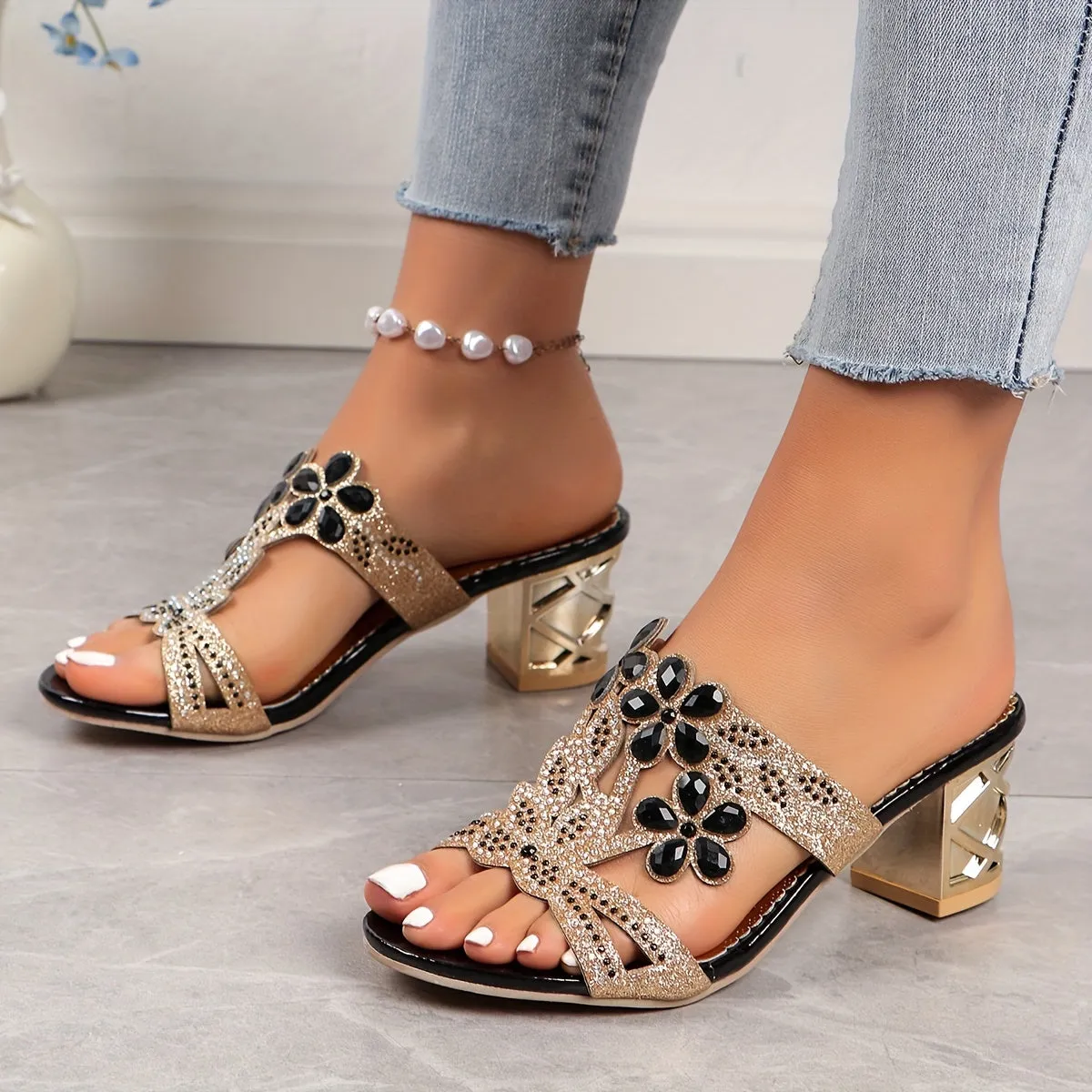 xieyinshe  Women's Flower Rhinestone Chunky Heeled Sandals, Glitter Sequins Open Toe Slip On Heels, Stylish Going Out Sandals