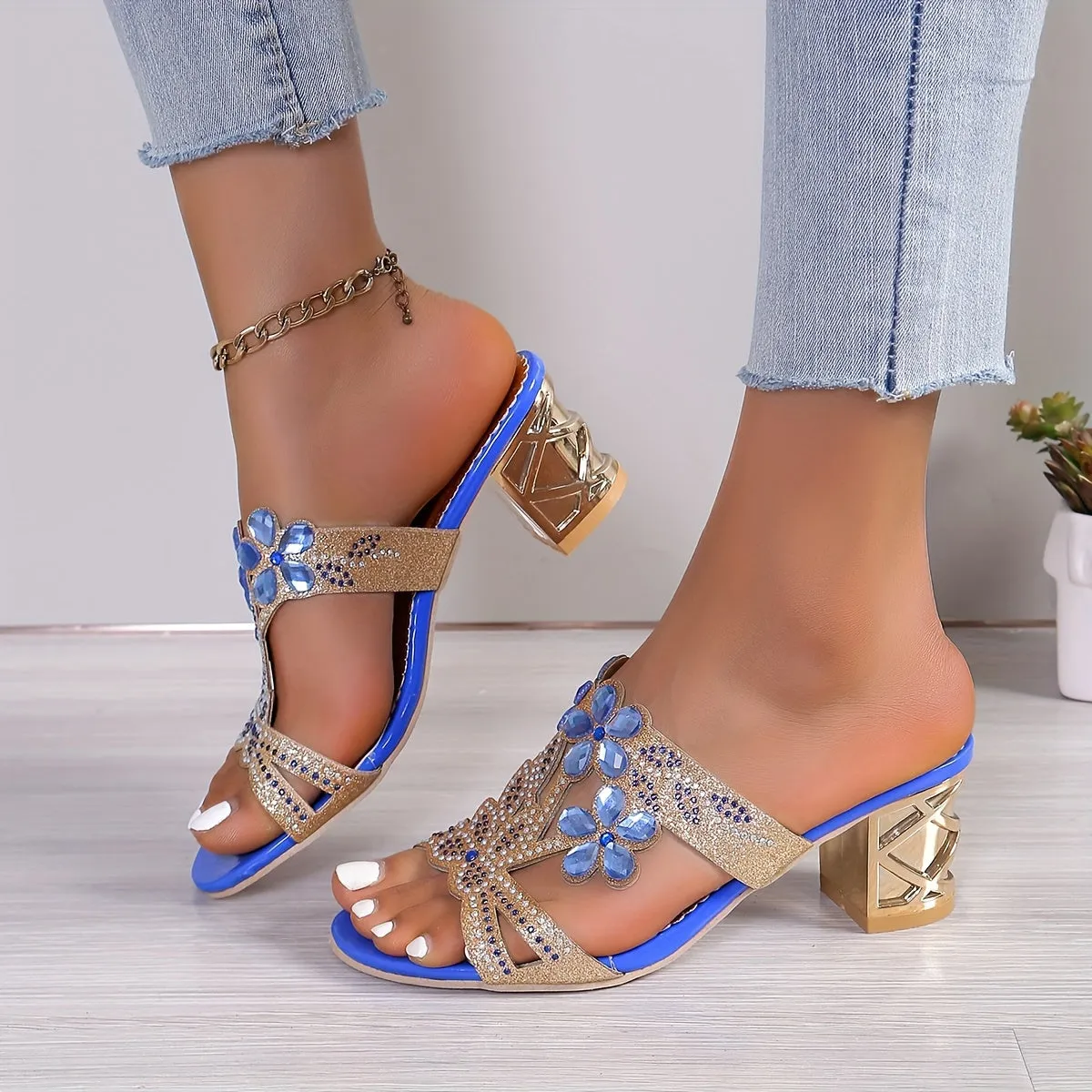 xieyinshe  Women's Flower Rhinestone Chunky Heeled Sandals, Glitter Sequins Open Toe Slip On Heels, Stylish Going Out Sandals