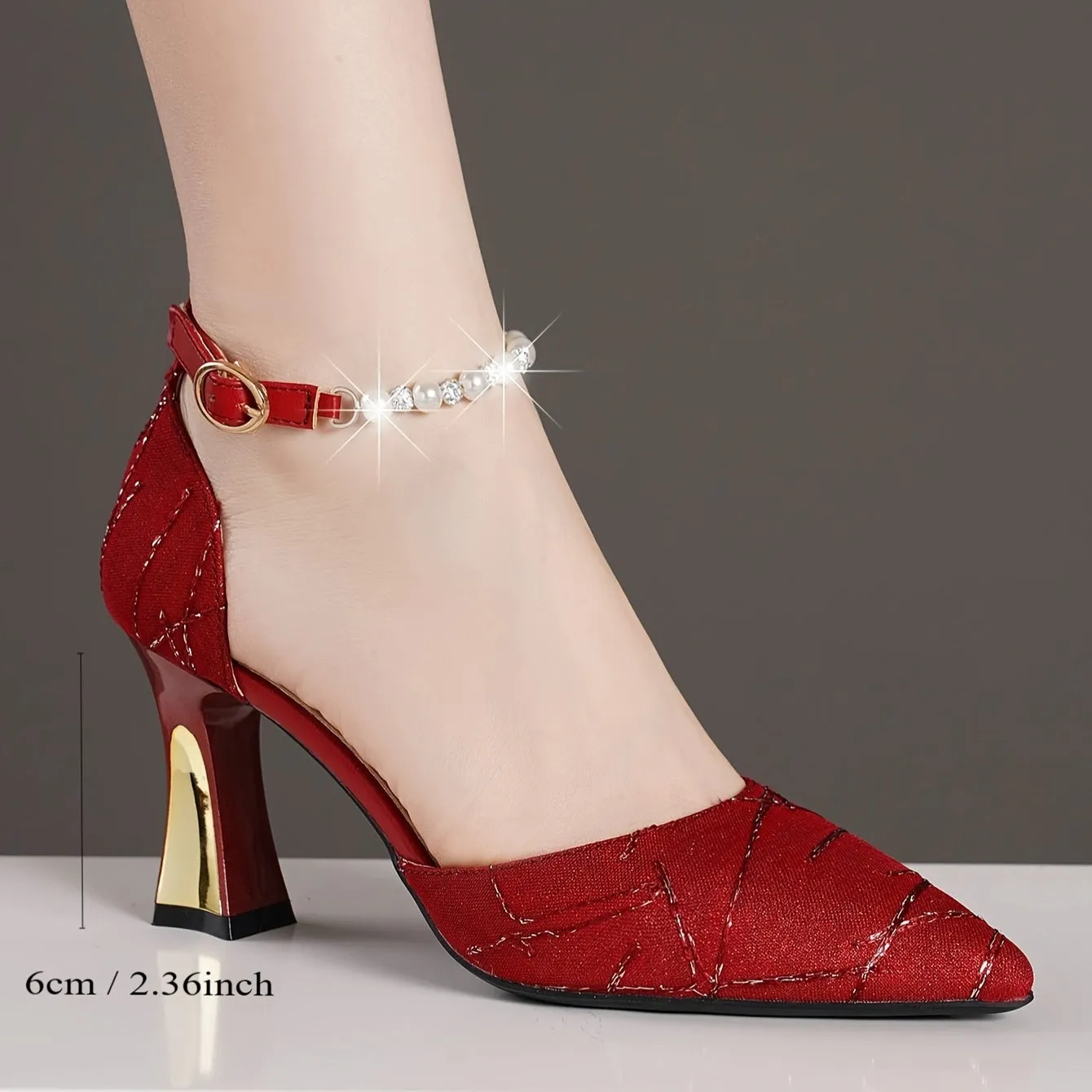 xieyinshe  Women's Solid Color Trendy Sandals, Pointed Pearl Strap Rhinestone Buckle High Heel Sandals, Wedding Dress Party Sandals
