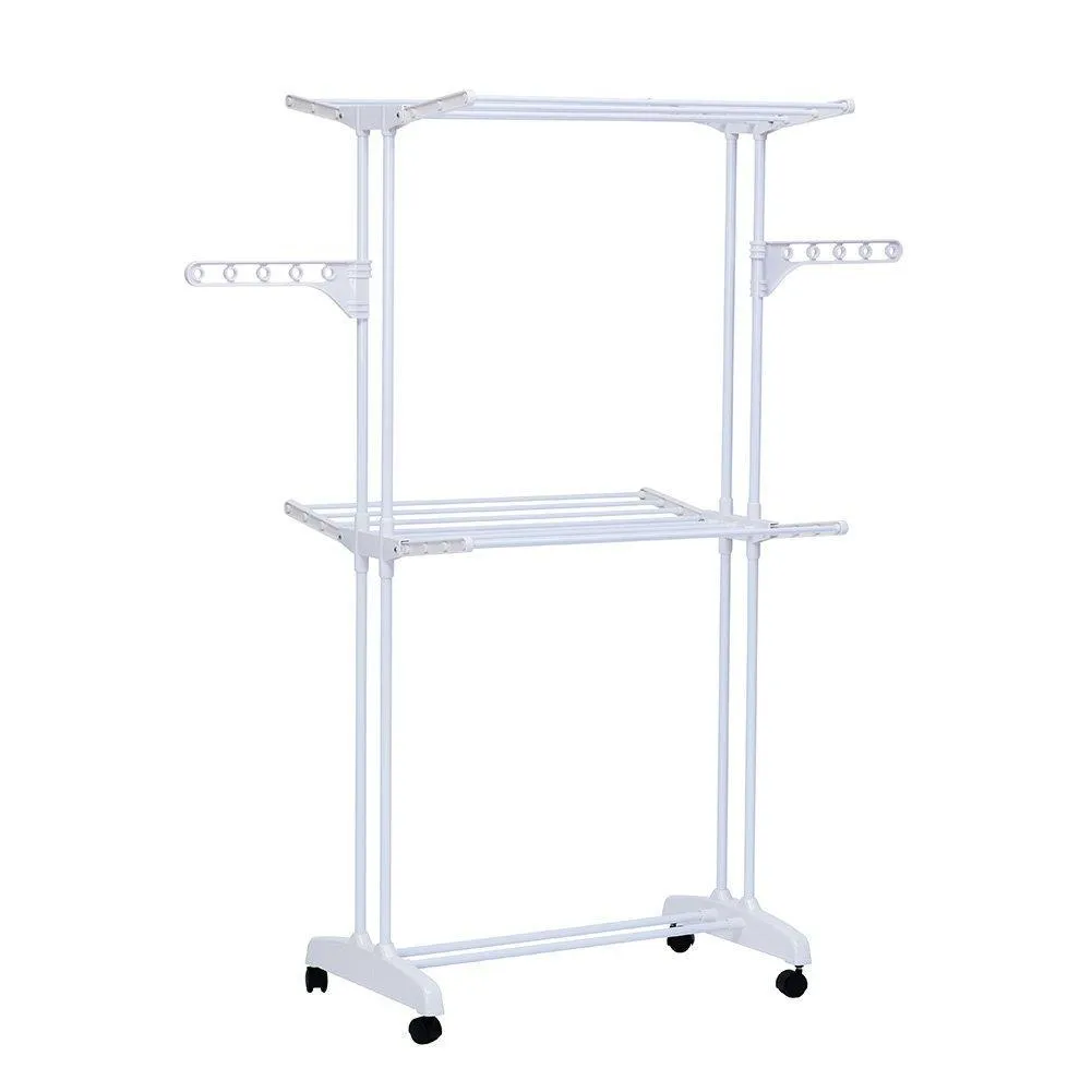 YUBELLES 2 Tier Rolling Clothes Drying Rack Collapsible Laundry Dryer Hanger Foldable Durable Hanging Rods Indoor & Outdoor Use White