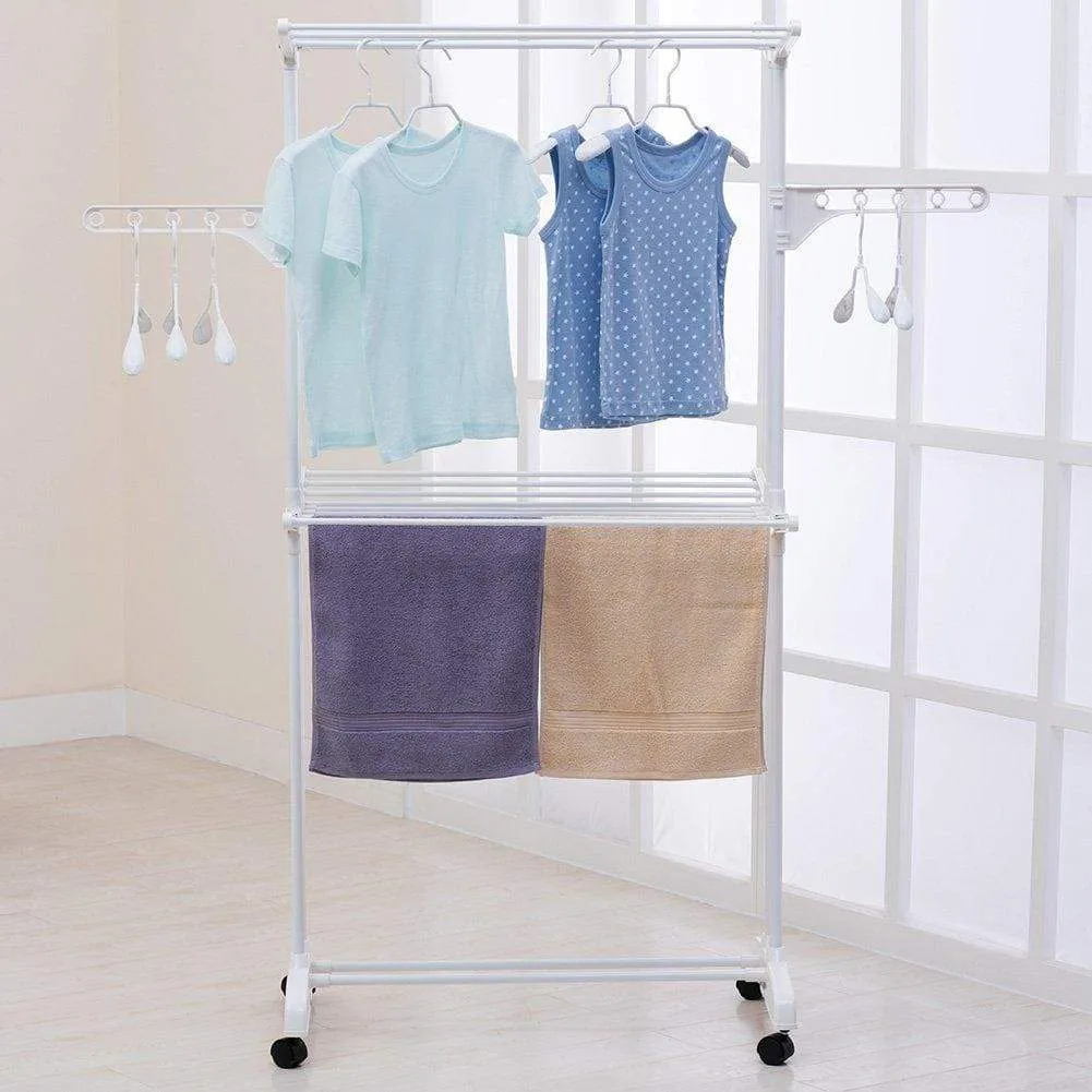 YUBELLES 2 Tier Rolling Clothes Drying Rack Collapsible Laundry Dryer Hanger Foldable Durable Hanging Rods Indoor & Outdoor Use White