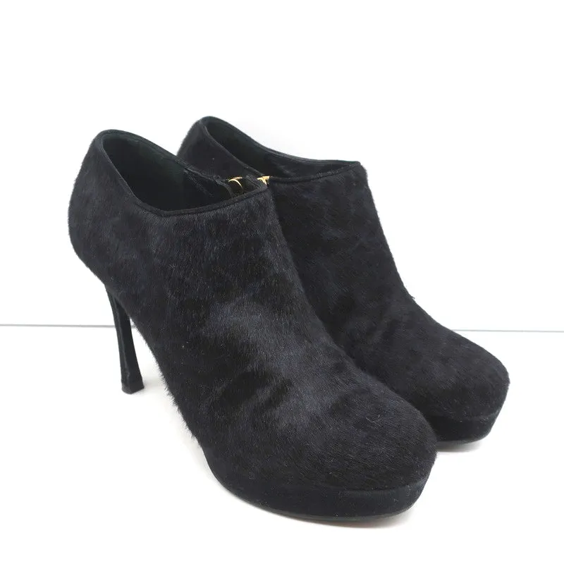 Yves Saint Laurent Platform Booties Navy/Black Leopard Print Pony Hair Size 38