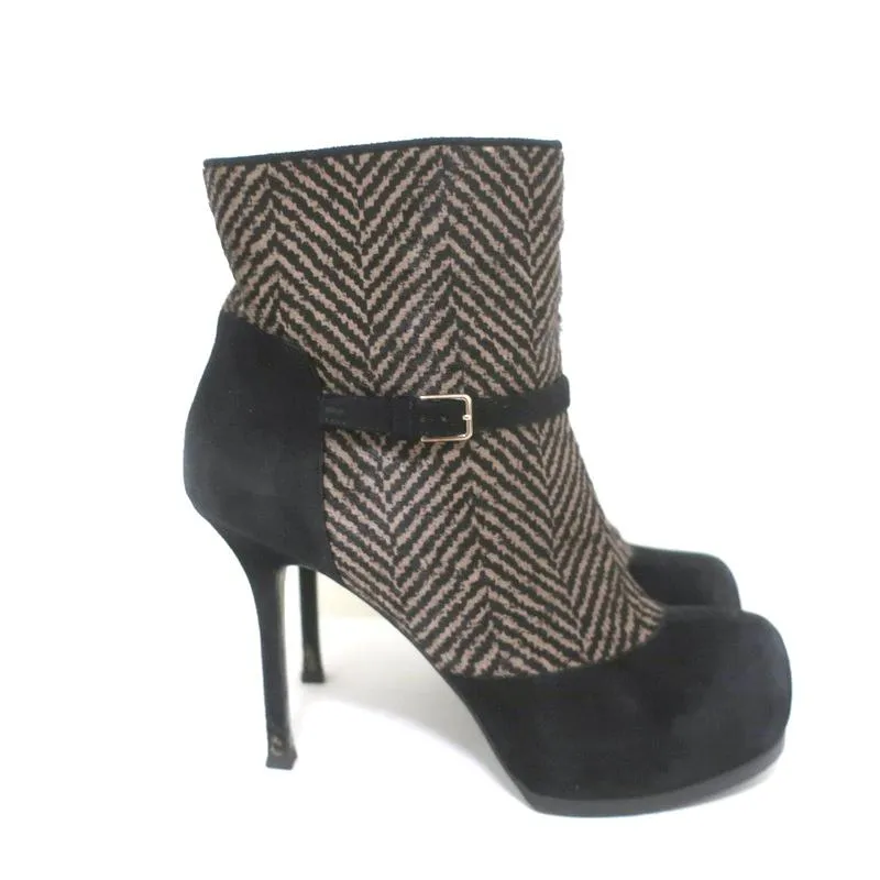 Yves Saint Laurent Tribtoo Ankle Boots Black Suede & Printed Pony Hair Size 38.5