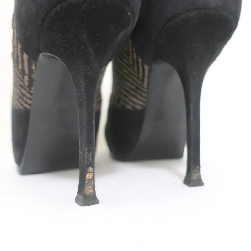 Yves Saint Laurent Tribtoo Ankle Boots Black Suede & Printed Pony Hair Size 38.5