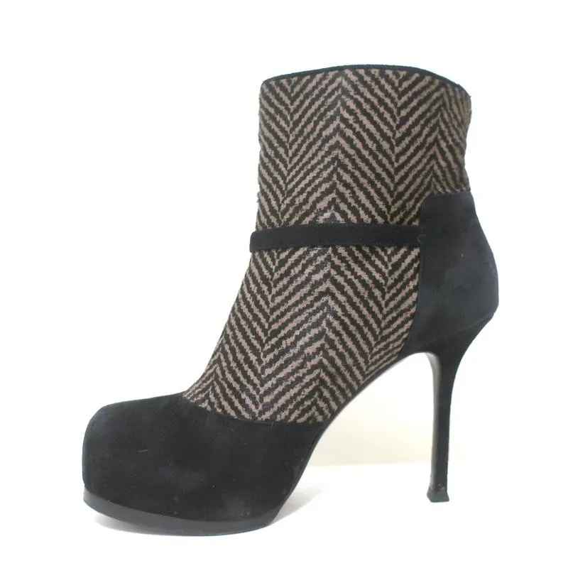 Yves Saint Laurent Tribtoo Ankle Boots Black Suede & Printed Pony Hair Size 38.5