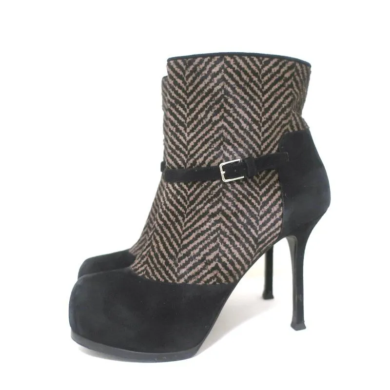 Yves Saint Laurent Tribtoo Ankle Boots Black Suede & Printed Pony Hair Size 38.5