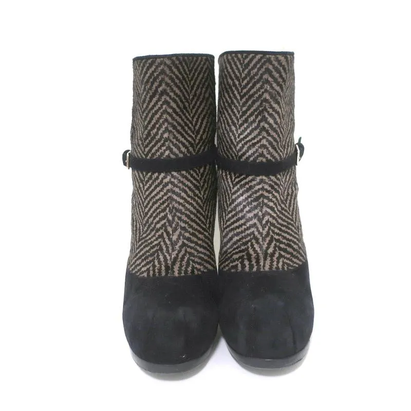 Yves Saint Laurent Tribtoo Ankle Boots Black Suede & Printed Pony Hair Size 38.5