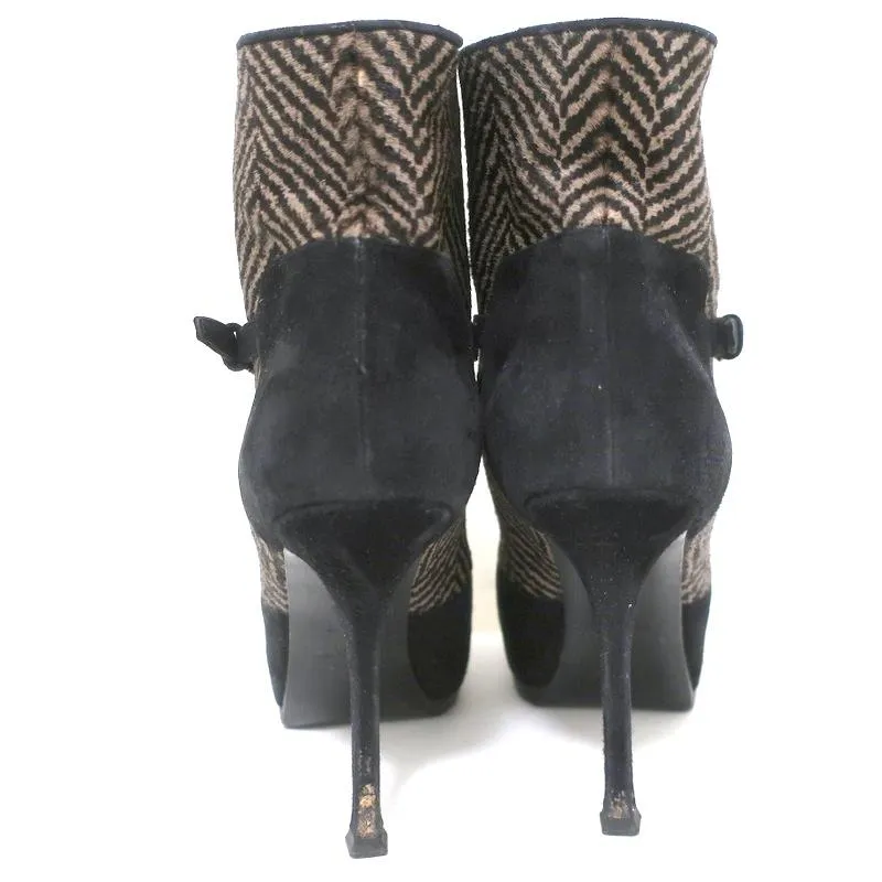 Yves Saint Laurent Tribtoo Ankle Boots Black Suede & Printed Pony Hair Size 38.5