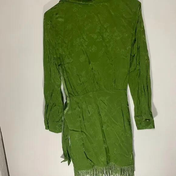ZARA Green Fringed Jacquard Wrap Dress